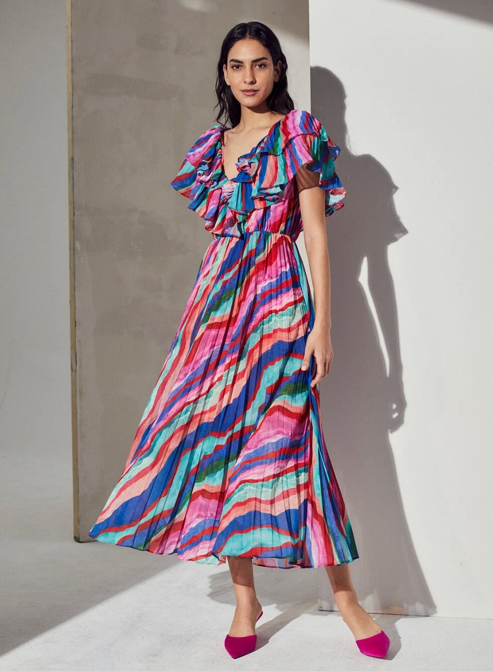 AMUR Luisa Pleated Dress Womens 2 Aventurine Marble Colorful Flutter Midi $598
